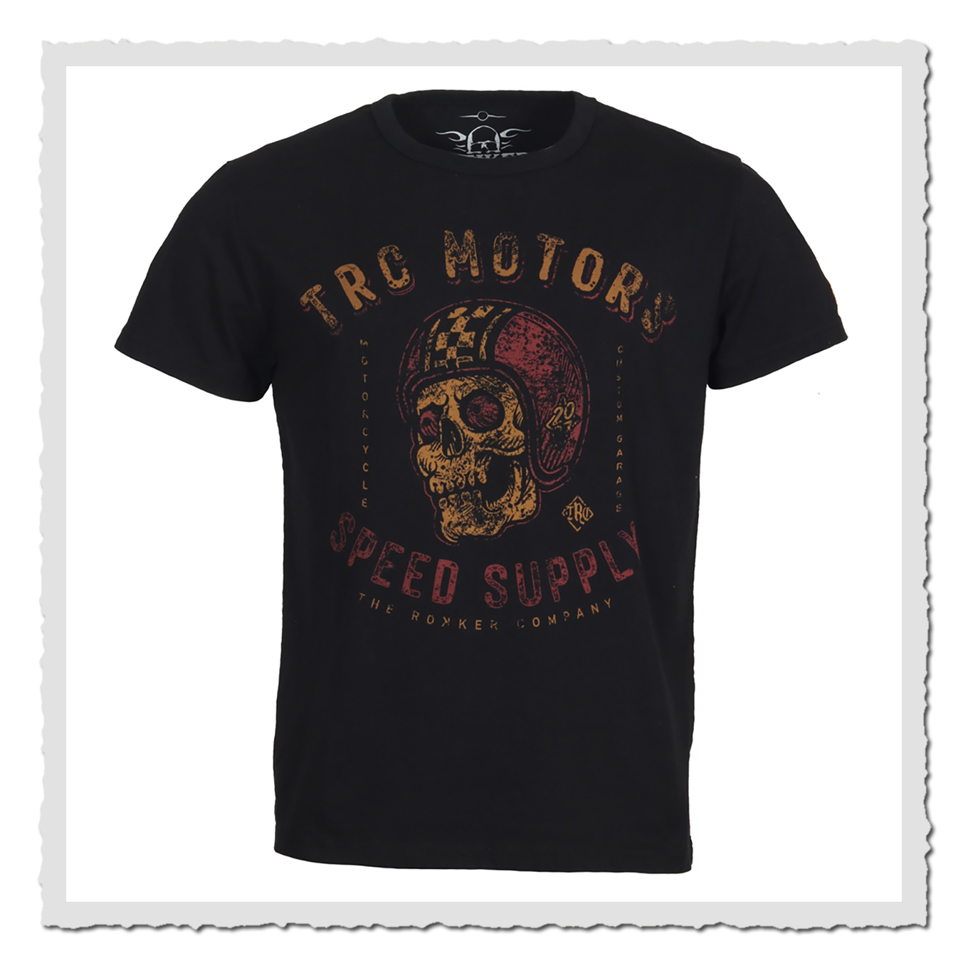 Schwarzes T-Shirt in Vorderansicht mit großem mehrfarbigem Skull-Print auf weißem Hintergrund.